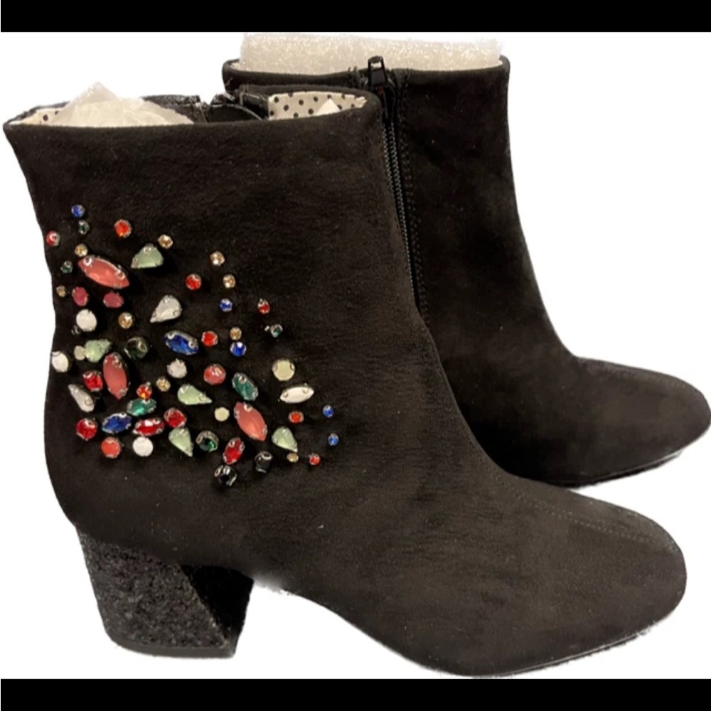 BETSEY JOHNSON Leah Glitter Heel Square Toe Ankle Boots Black Size 5 NEW IN BOX